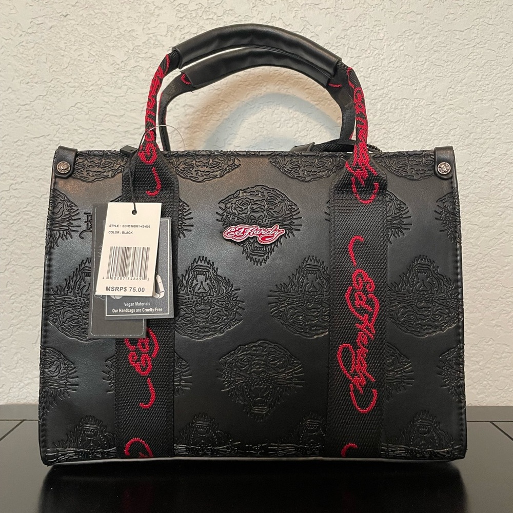 Ed Hardy Black and Red tiger Embossed Tote